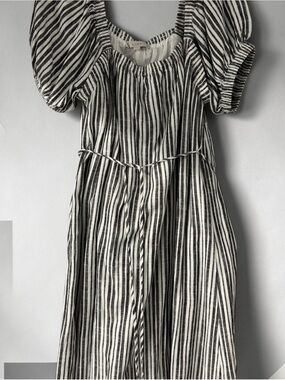 LOFT Black and White Vertical Stripe Puff Sleeve Dress